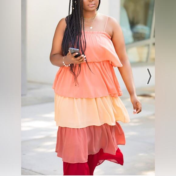 New Rebdolls Tiered Ruffle Maxi Dress Peach/Coral, Perfect for Brunch or Vacay - Picture 1 of 7